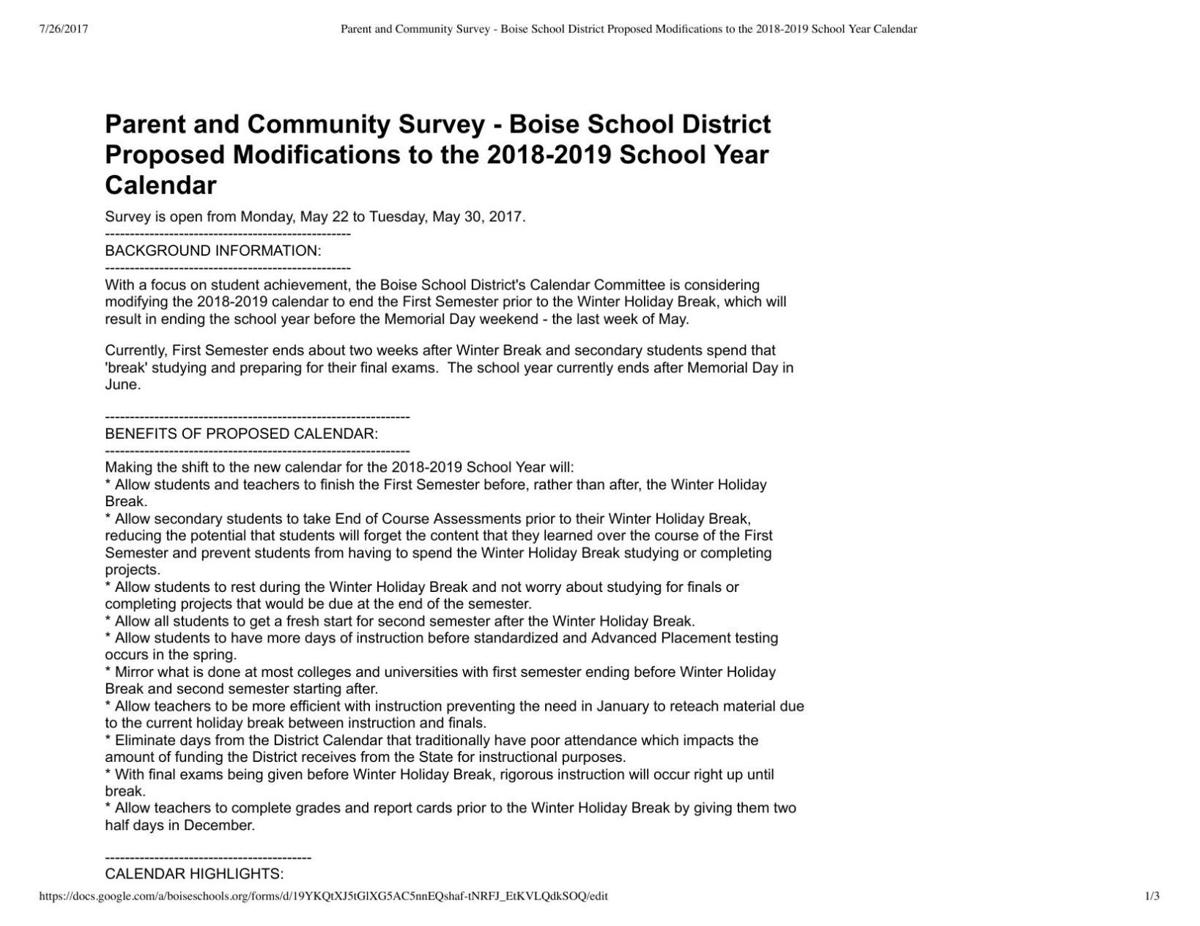 Parent And Community Survey On Boise School Calendar