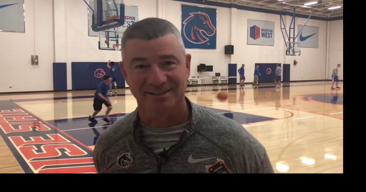 Boise State basketball coach Leon Rice talks before the first practice ...