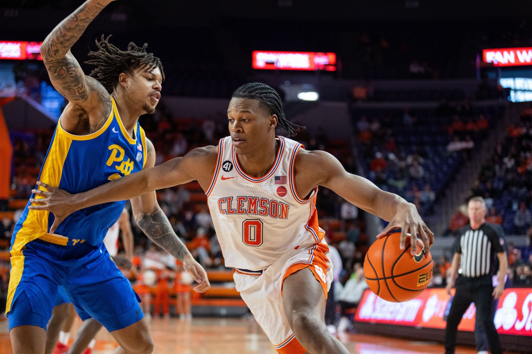 Clemson forward RJ Godfrey drives to the basket against Pittsburgh in ACC basketball action January 2026