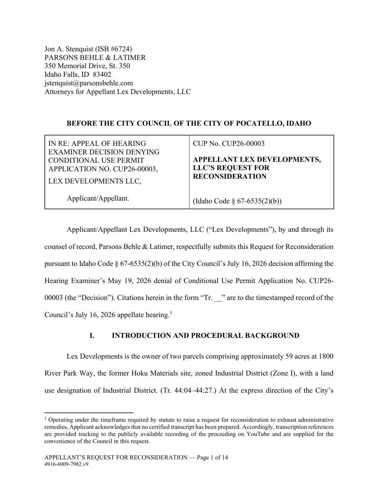 Lex Developments' request for reconsideration