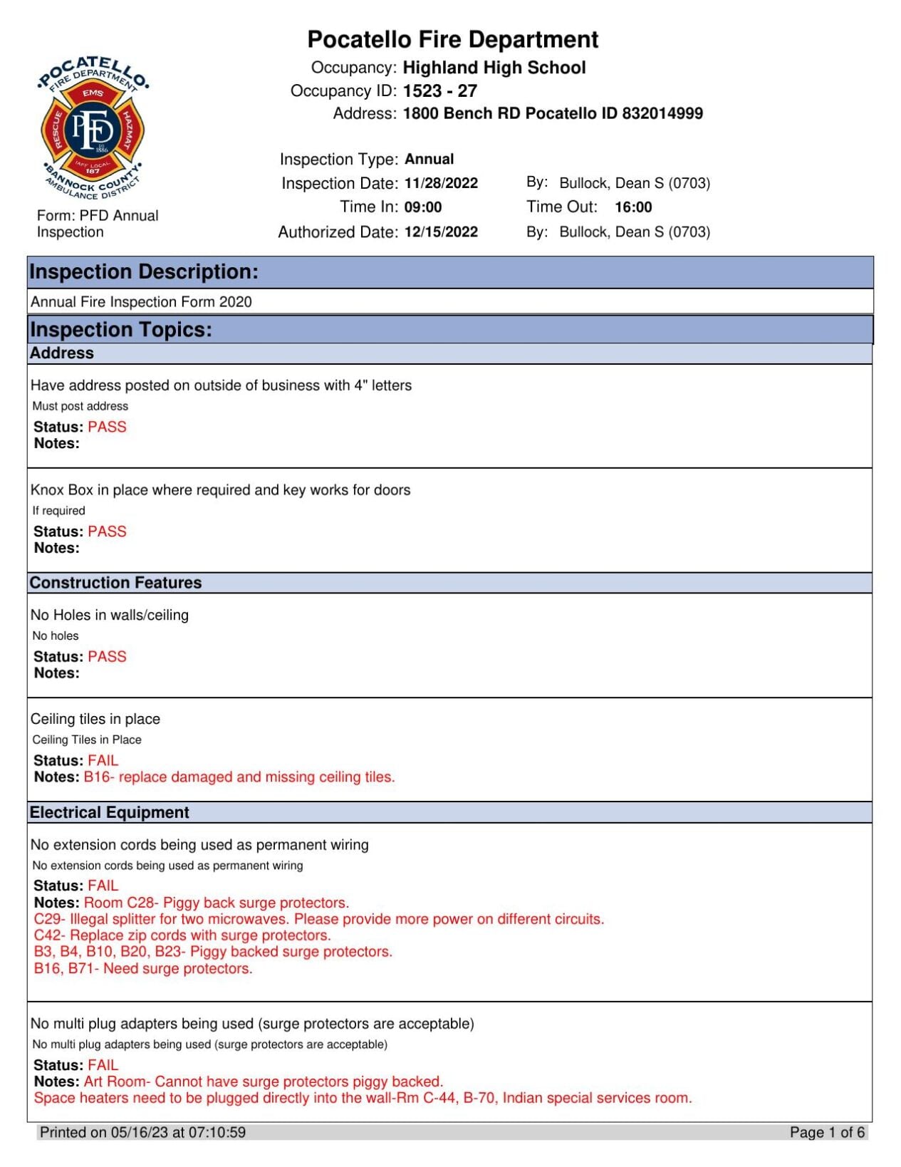 Highland High School November Fire Inspection