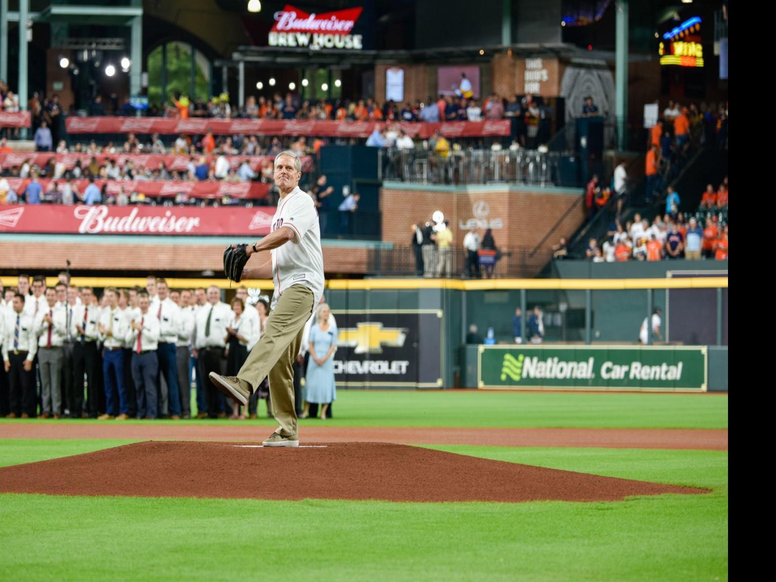 Elder Bednar throws first pitch to mission president, former MLB player  Jeremy Guthrie at Houston Astros game - Church News