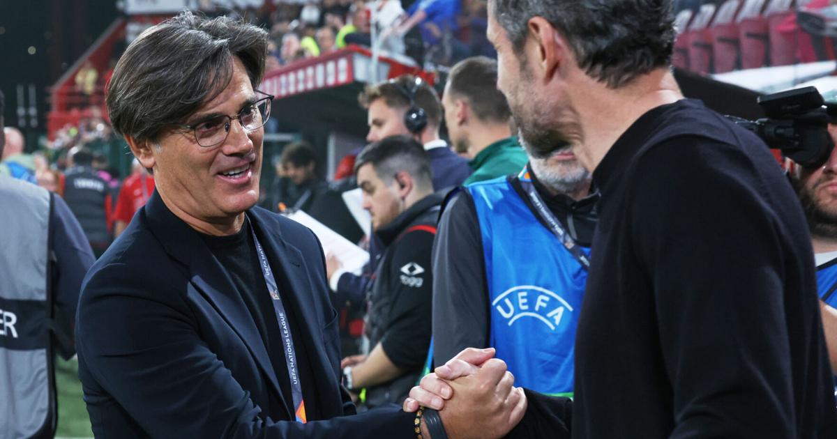 Belgium and Turkey face off in Nations League soccer in Liege; coaches Vincenzo Montella and Mark van Bommel greet before the match