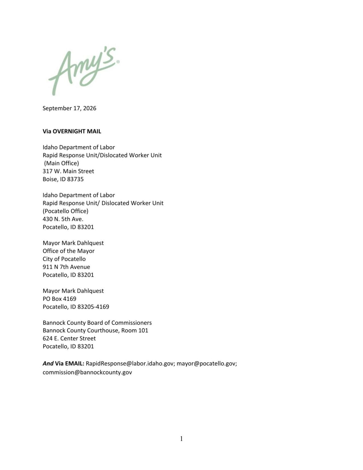 Amy's Kitchen WARN notice