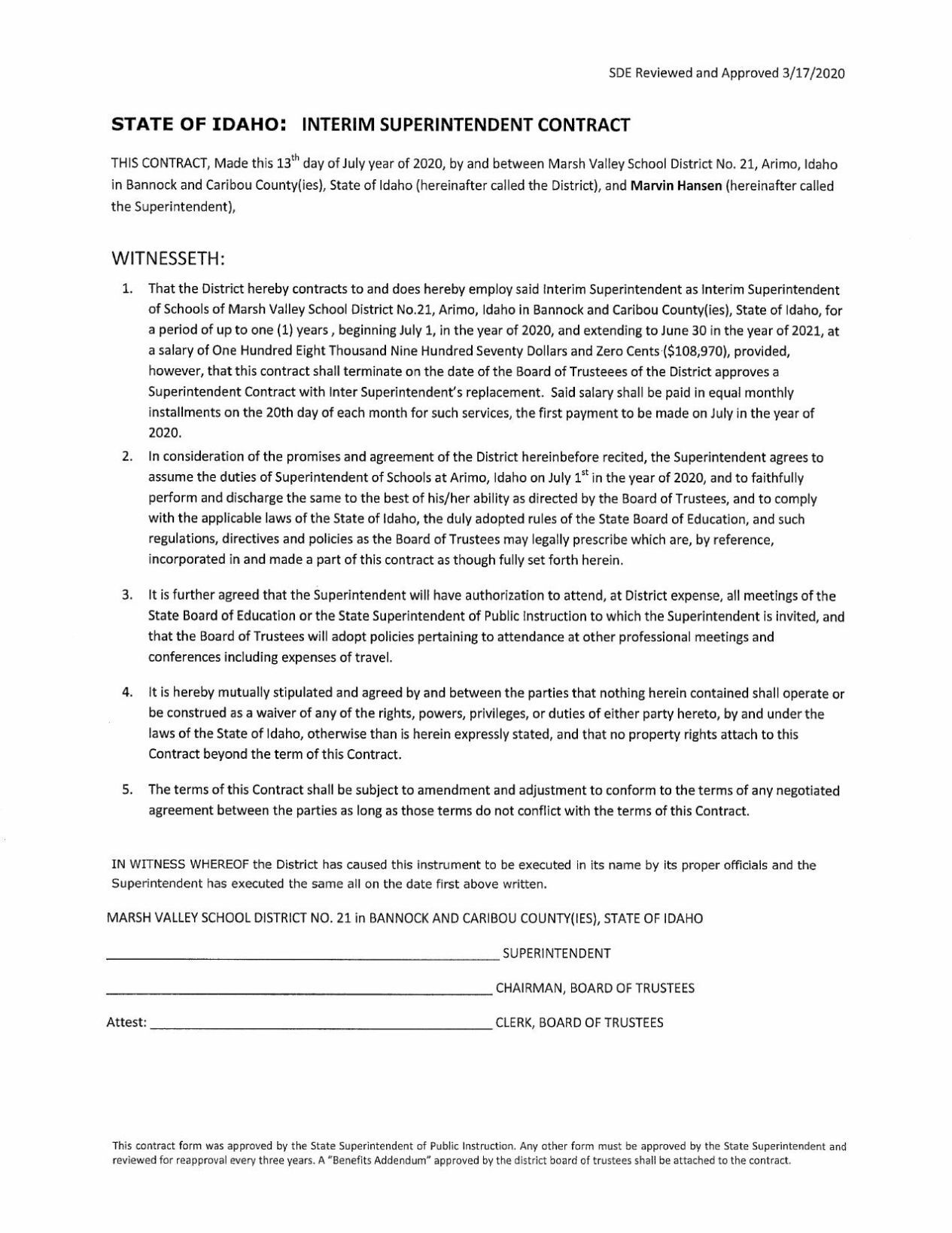 Marvin Hansen Marsh Valley Contract 2020-21