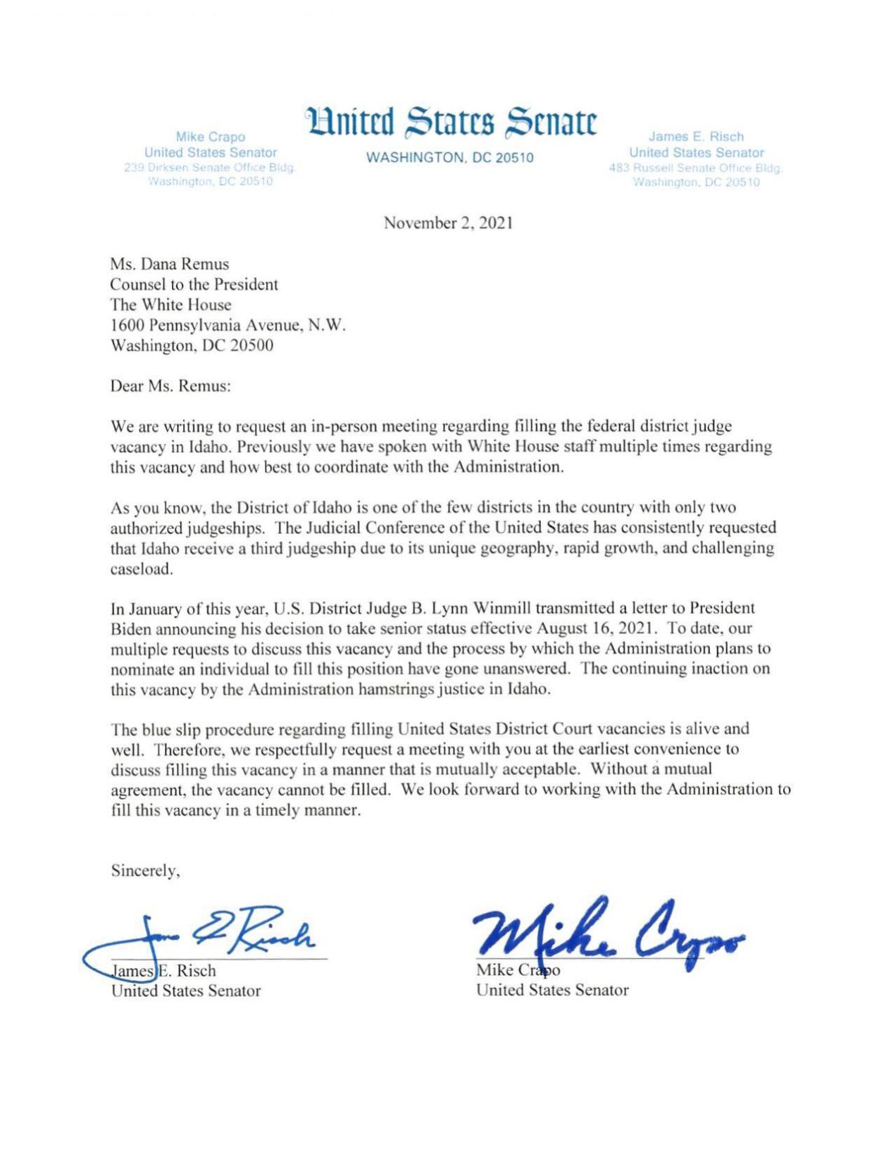 Letter from Idaho senators to White House counsel