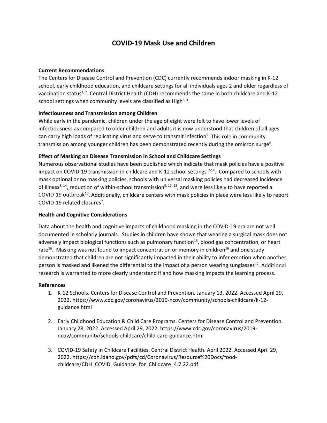Masking in Children White Paper, CDH