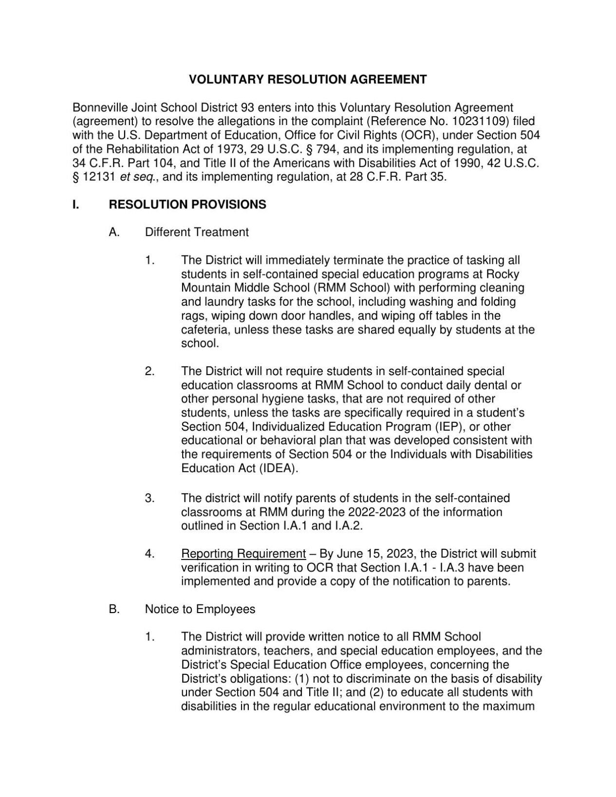 VOLUNTARY RESOLUTION AGREEMENT