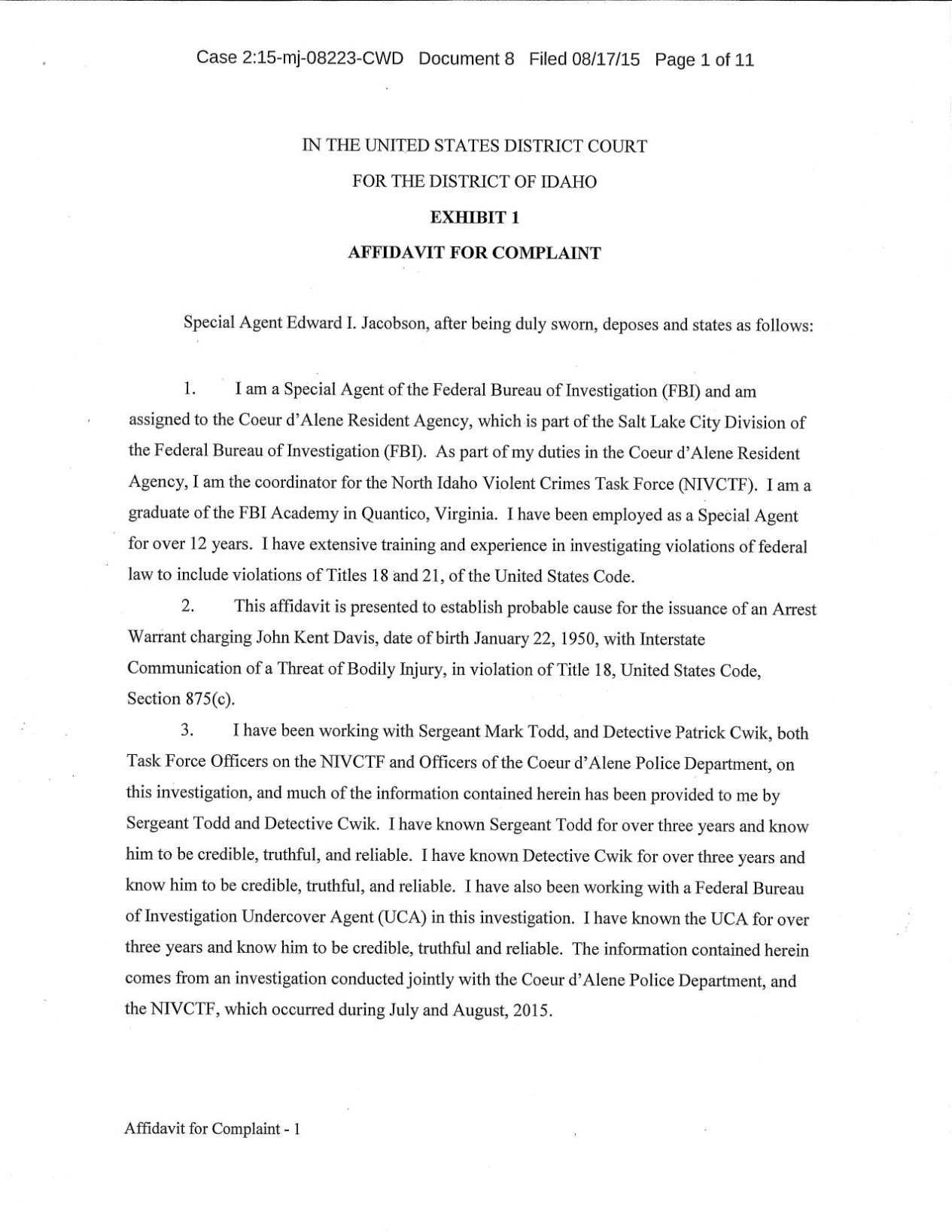 John Kent Davis affidavit for complaint