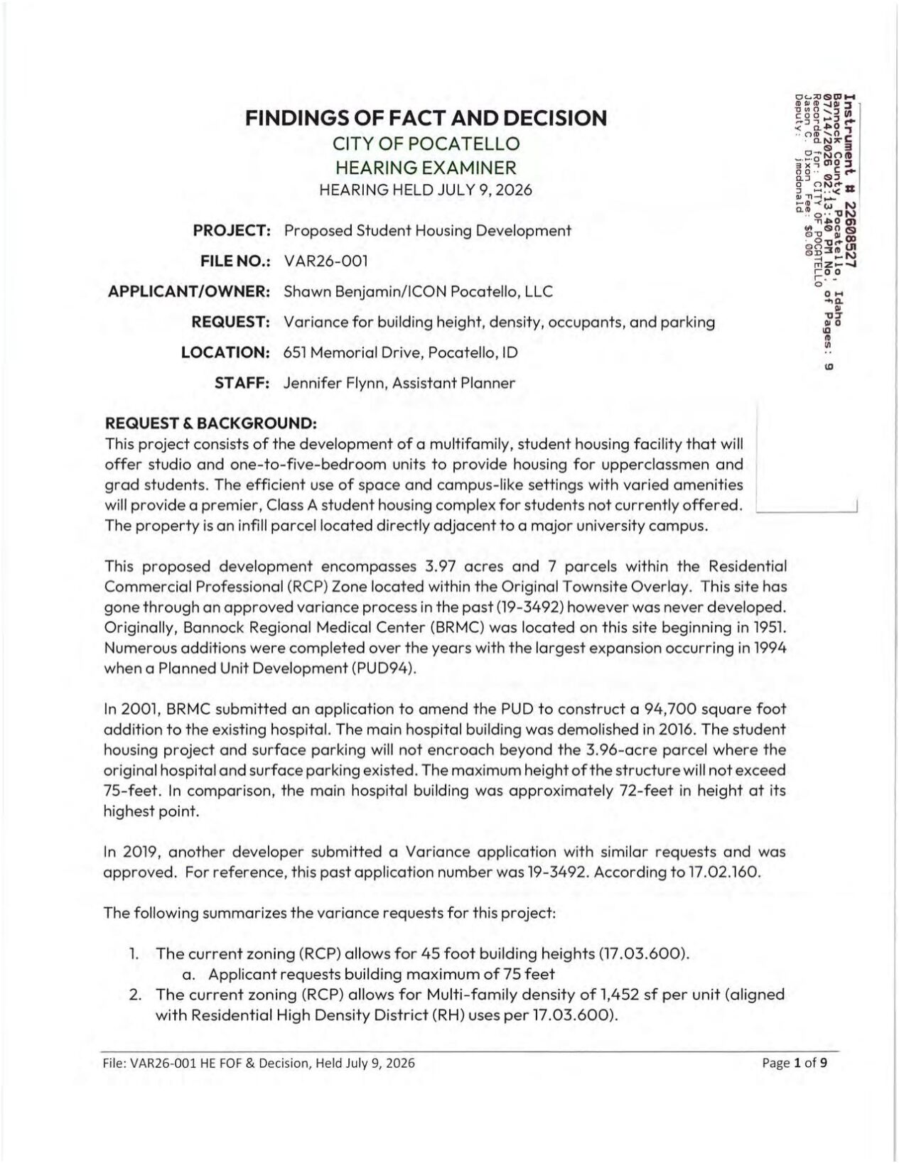 Hearing Examiner's Report for July 9 Public Hearing