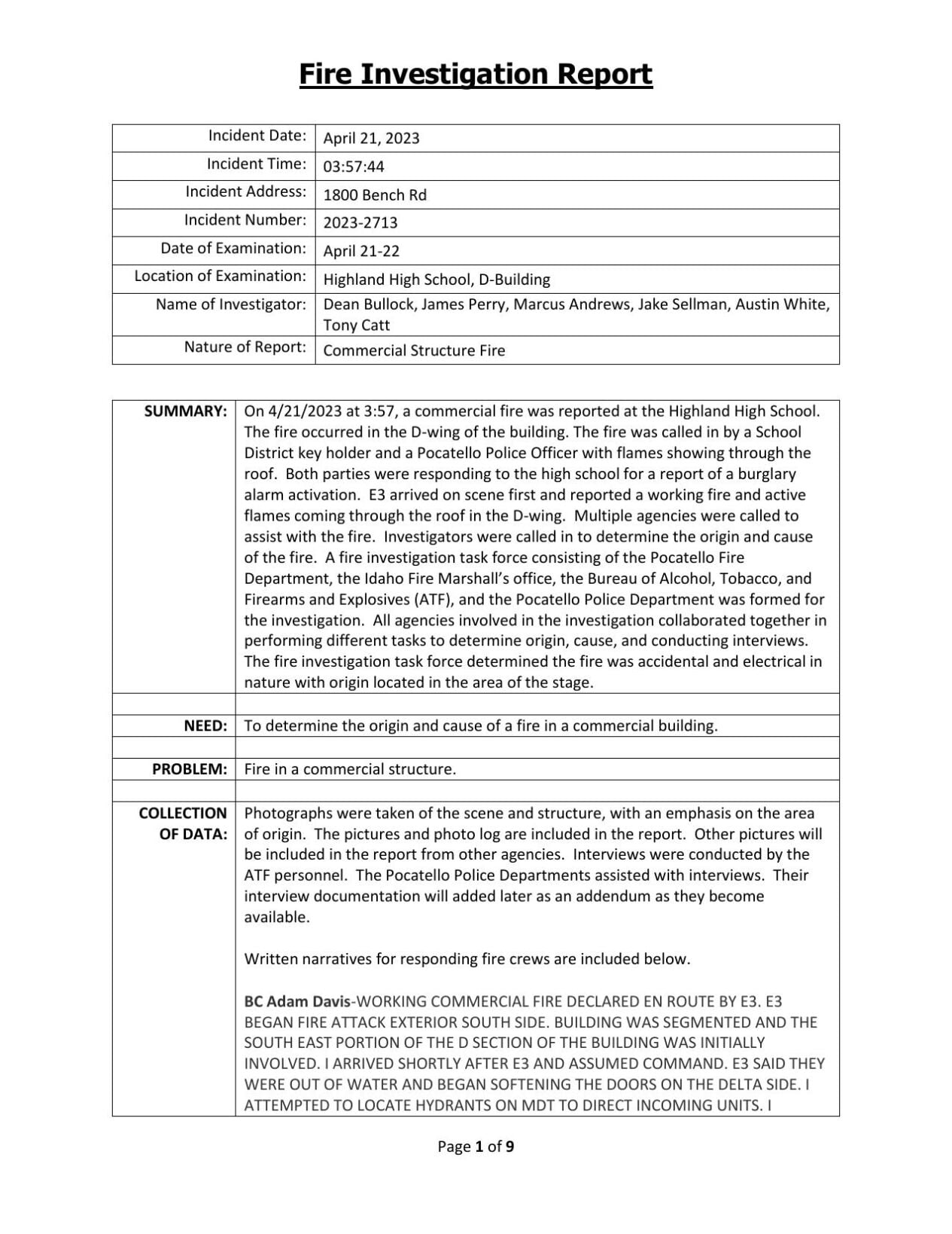 Pocatello Fire Department Highland Fire Investigation Report