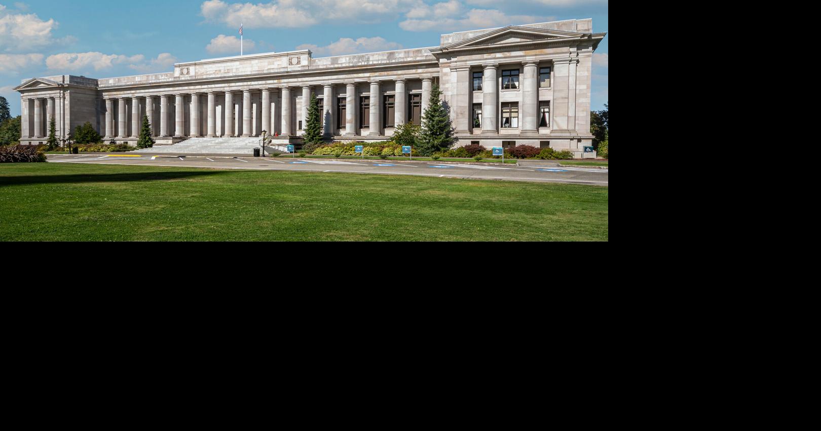 Olympia, WA - US - Sept. 20 2021: Horizontal view of the Temple of Justice, an American Neoclassical style sandstone government building for the Washington Supreme Court.