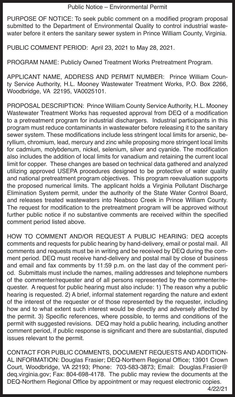 Public Notice Environmental Permit Legal Announcements Insidenova Com