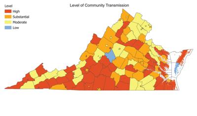 COVID-19 community transmission in Virginia 7.30.21