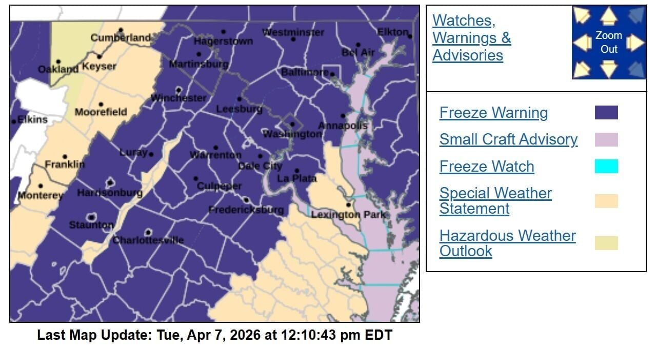 Freeze Warning issued for Northern Virginia Tuesday night ...