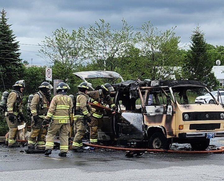 Vintage camper van goes up in flames at McDonald's