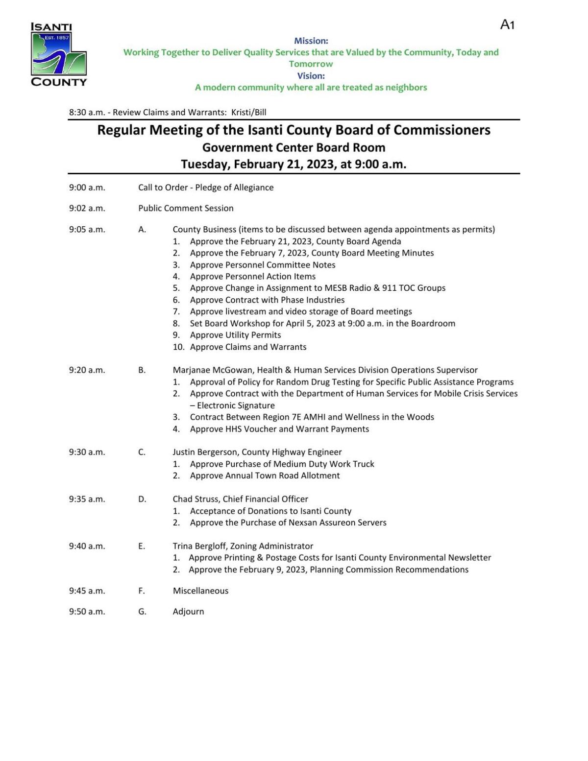Isanti County Board of Commissioners Feb. 21, 2023 agenda