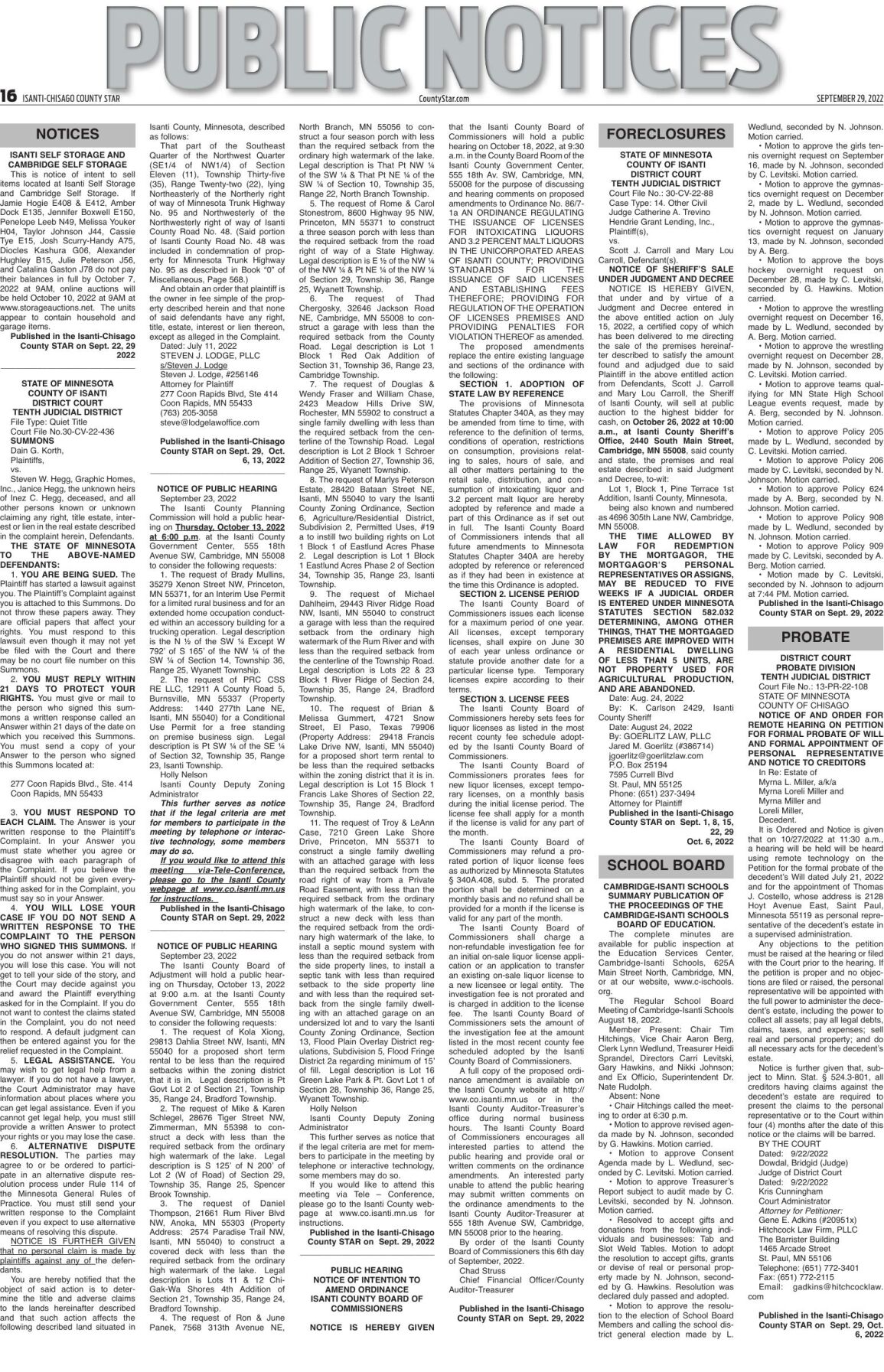 Public Notices - September 29, 2022 | Public Notices |  isanti-chisagocountystar.com