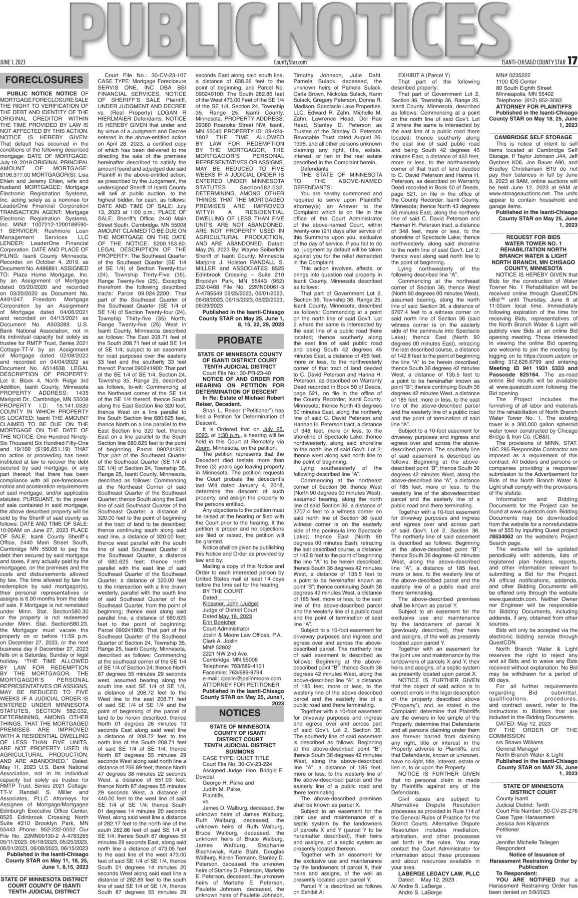 Public Notices - June 1, 2023 | Public Notices |  isanti-chisagocountystar.com