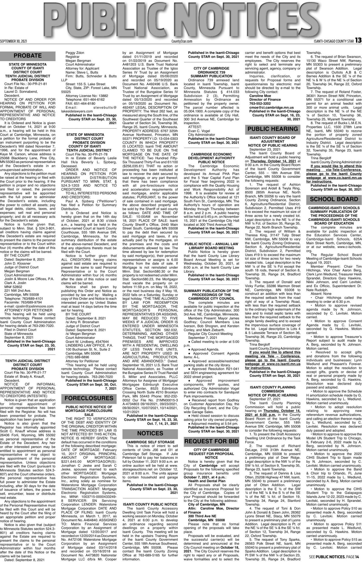 Public Notices - September 30, 2021 | Public Notices | isanti -chisagocountystar.com