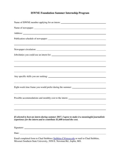 2017 Summer Internship Application Form | | iswne.org