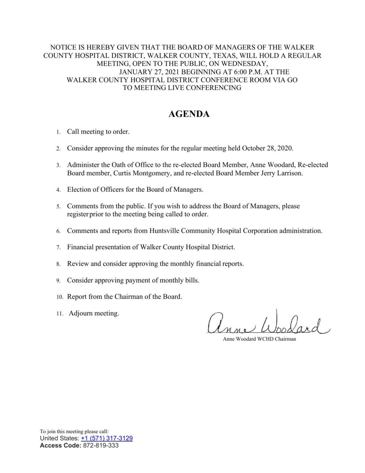 Walker County Hospital District meeting happening via conference call ...