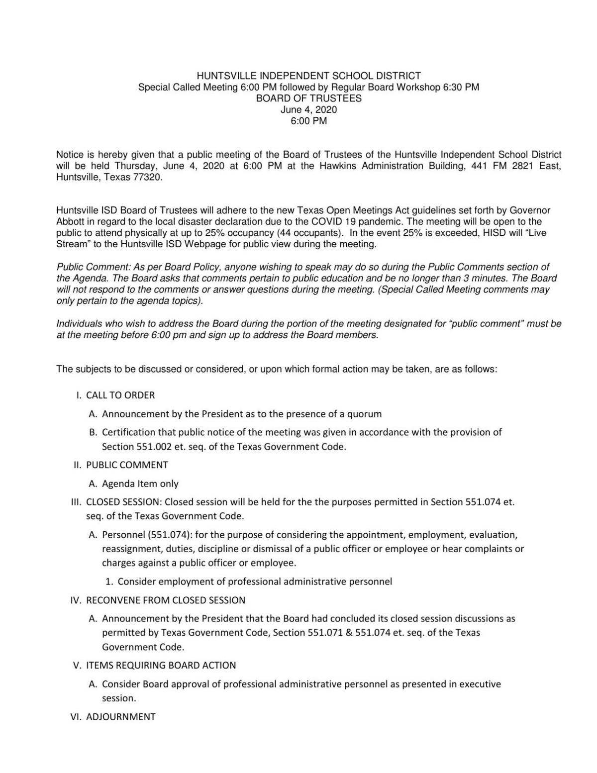 Huntsville ISD Trustees to meet Thursday News