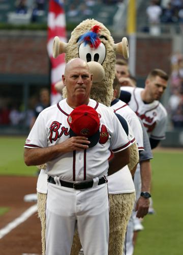 ATLANTA, GA - JULY 01: Braves Mascot Blooper entertains the fans during the  Thursday night MLB game between the Atlanta Braves and the New York Mets on  July 01, 2021 at Truist