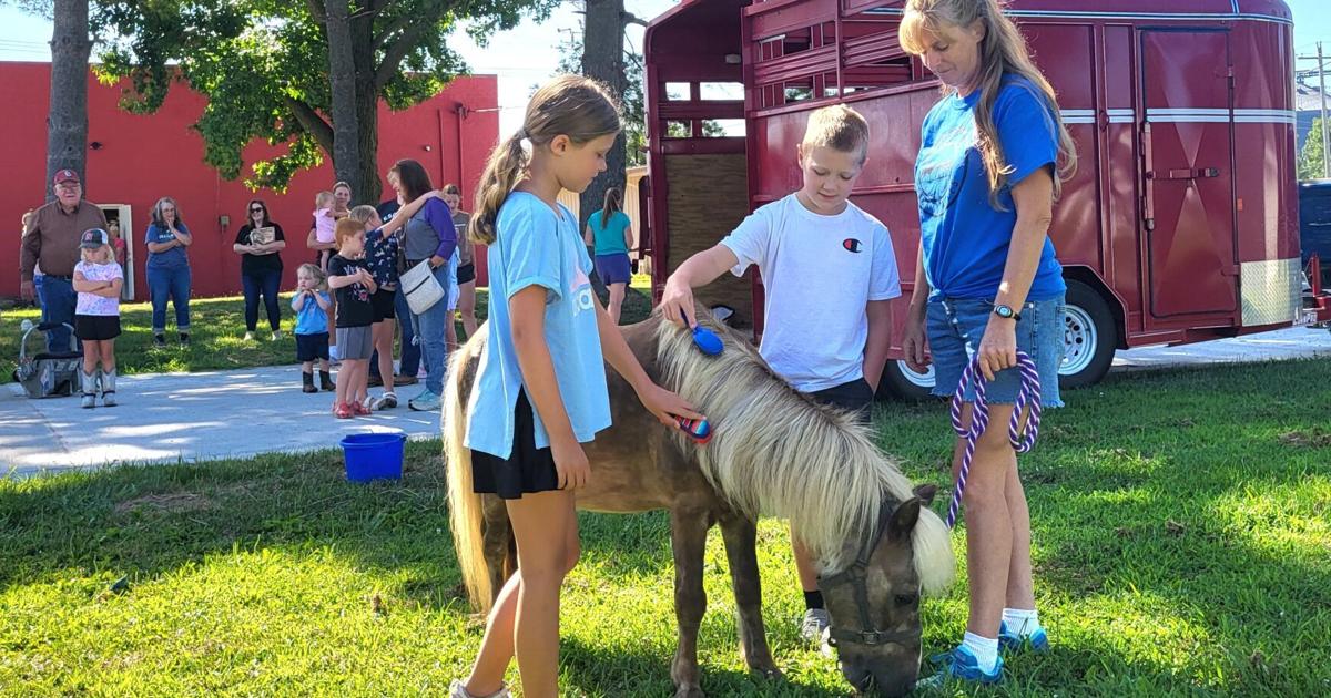 Miniature horse visits with children at Neoga library