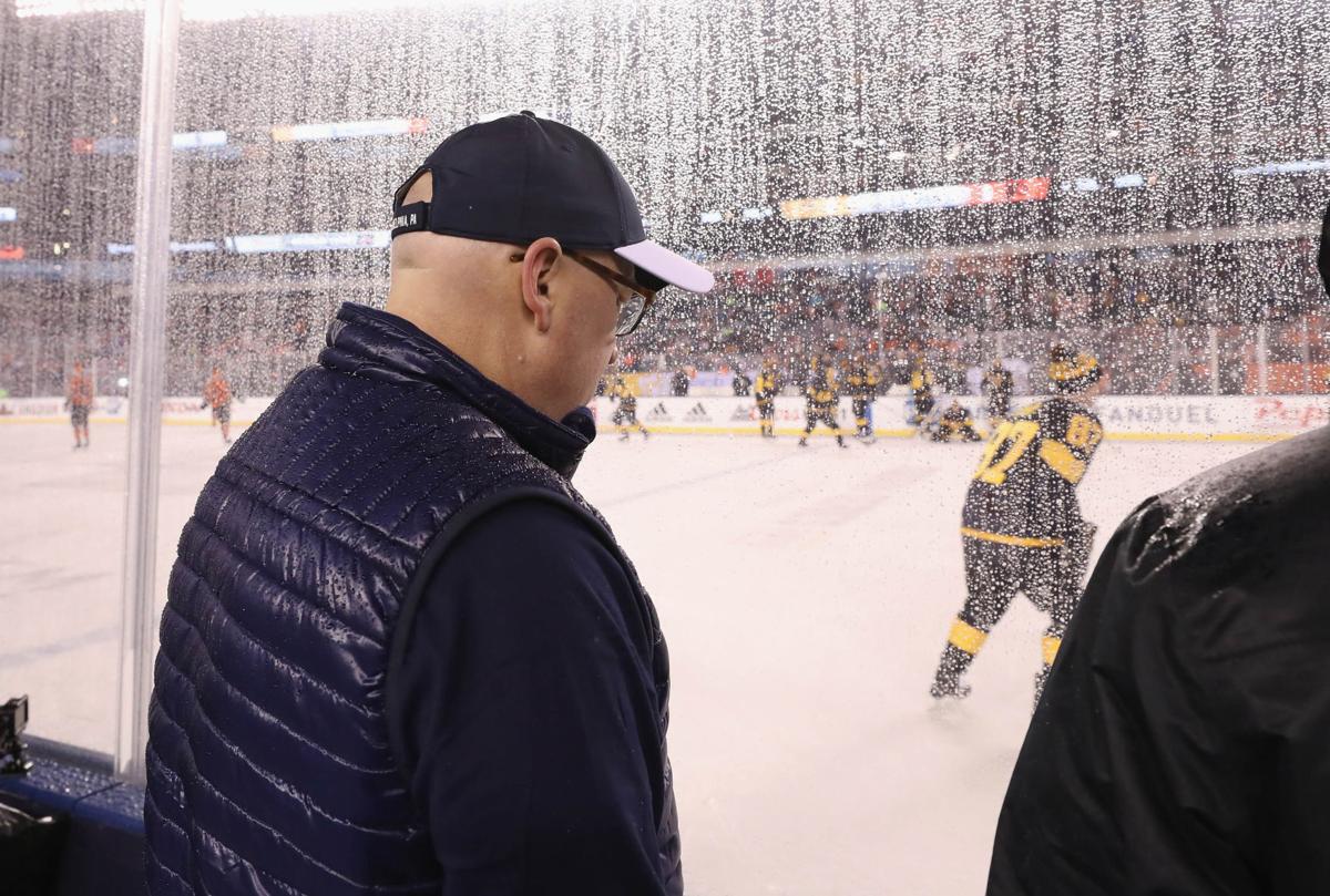 Deputy commissioner Bill Daly checks out the ice conditions prior to the 2019 Coors Light NHL Stadium Series game at the Lincoln Financial Field on Feb. 23, 2019 in Philadelphia, Pa.