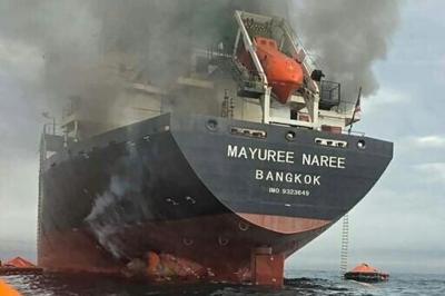 Smoke rises from Thai bulk carrier 'Mayuree Naree' near the Strait of Hormuz after an attack on March 11, 2026