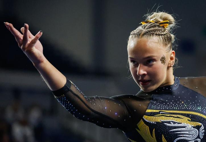 Kaia Tanskanen strikes a pose during her floor routin (copy)