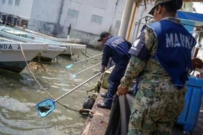 Members of the Mexican navy carry out cleanup operations in Boca del Rio, near Veracruz, to remove crude residue from the Gulf of Mexico following a spill first reported in early March, 2026