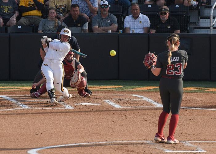 Mizzou catcher Stefania Abruscato (7) bats against Alabama pitcher Jocelyn Briski (23) during a game against No. 6 Alabama (copy)