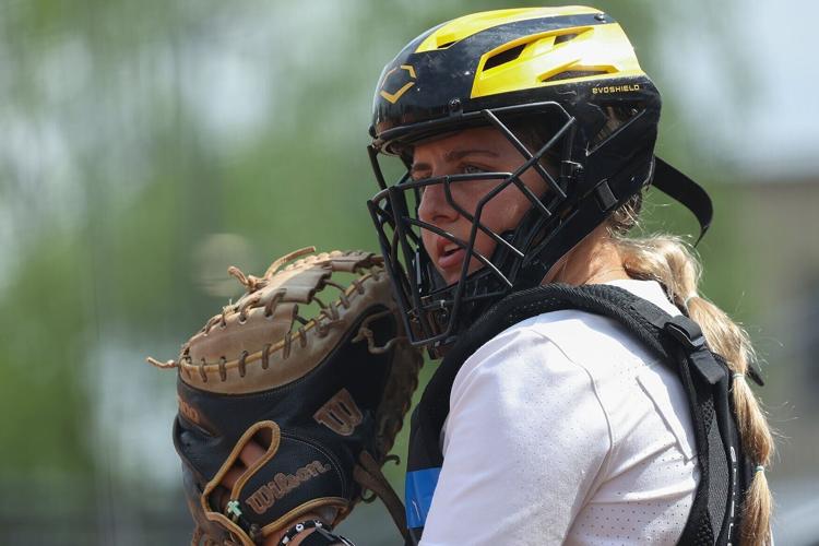 Mizzou catcher Stefania Abruscato looks back towards the dugout