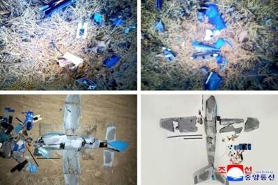 A combo image by North Korea's official Korean Central News Agency released via KNS on January 10 shows wreckage of a drone that Pyongyang said originated from South Korea