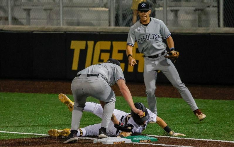 Mizzou infielder Blaize Ward is tagged out by South Carolina pitcher