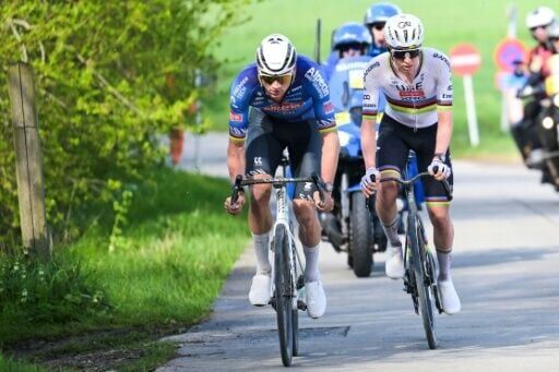 Tadej Pogacar (R) and Mathieu Van der Poel (L) rode together for the better part of 40km, before the Slovenian put in his race-winning move