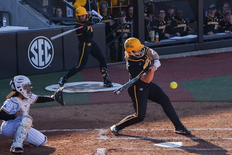 Mizzou first baseman and catcher Abby Hay takes a swing (copy)