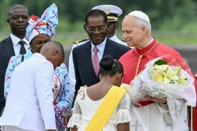 Pope Leo XIV was welcomed by Equatorial Guinea's President Teodoro Obiang Nguema Mbasogo on the first day of his visit