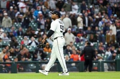 Detroit ace Framber Valdez walks off the field after being ejected for hitting Boston opponent Trevor Story with a pitch