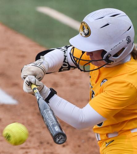 Claire Cahalan (8) hits at the Mizzou softball’s game