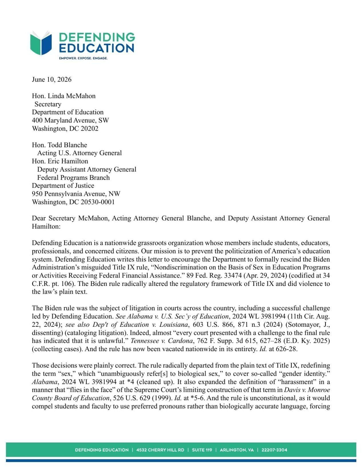 Defending Education Letter