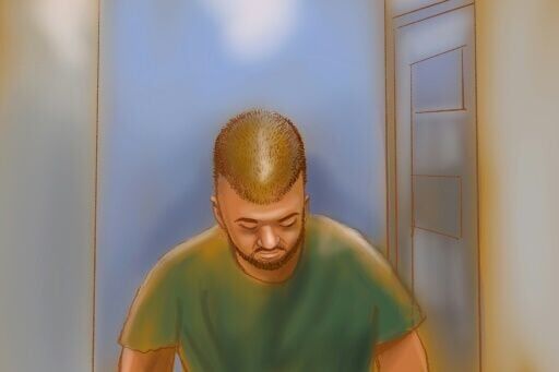 Accused Bondi Beach shooter Naveed Akram bows his head in a court sketch made during a hearing earlier this year.