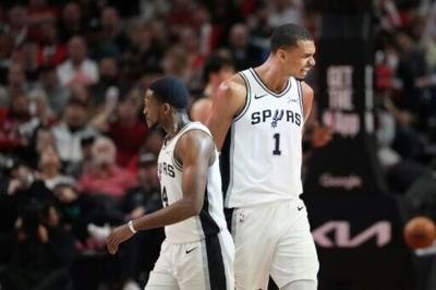 San Antonio Spurs star Victor Wembanyama celebrates a basket in game four of the Spurs' NBA playoff series against Portland