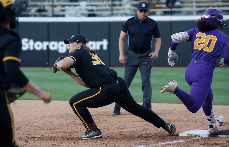Mizzou first baseman Abby Hay catches the ball (copy)