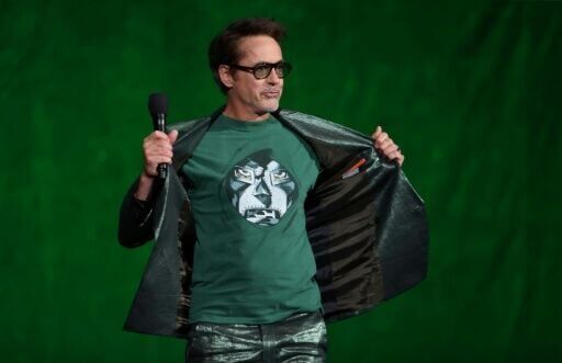 US actor Robert Downey Jr. shows off his Doctor Doom t-shirt as he promotes 'Avengers: Doomsday'