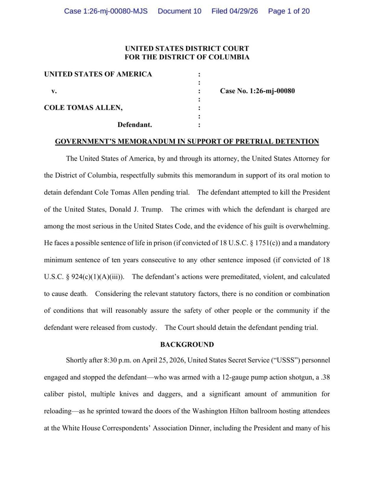Government's Memorandum for Pretrial Detention of Cole Allen