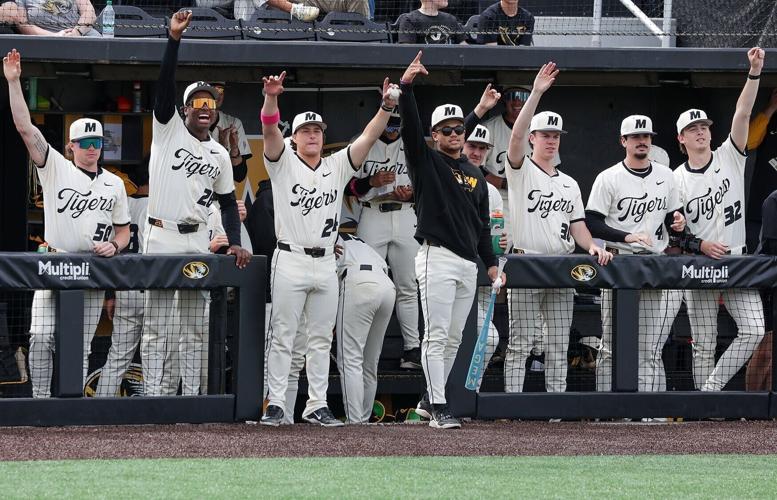 Mizzou players celebrates from the dugout after a hit from Mizzou catcher Jamal George
