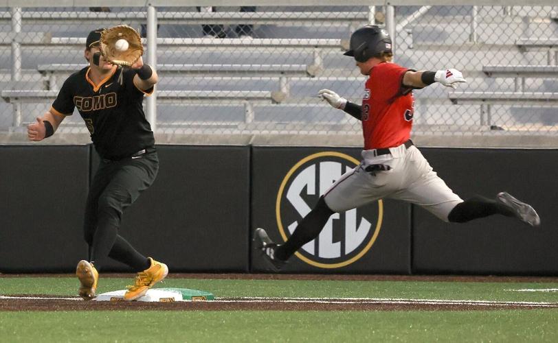 Mizzou infielder Jase Woita, left, forces out SIUE’s Daniel Gierer at first base (copy)